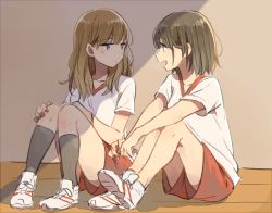 Rule 34 | 2girls, bad id, bad pixiv id, black hair, brown hair, commentary request, gym shorts, gym uniform, hands on own knees, jitome, kneehighs, knees up, long hair, looking at another, multiple girls, musshu (omu001), open mouth, original, own hands together, pigeon-toed, profile, red shorts, shade, shirt, shoes, short hair, short sleeves, shorts, sitting, sneakers, socks, v-neck, white shirt, wooden floor