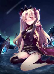 Rule 34 | 1girl, 3:, adjusting hair, blonde hair, blush, cape, earrings, ereshkigal (fate), fate/grand order, fate (series), hair ribbon, jewelry, long hair, looking at viewer, night, quro (black river), red cape, red eyes, red ribbon, ribbon, sitting, skull, solo, sweat, tiara, tohsaka rin, twintails, two side up