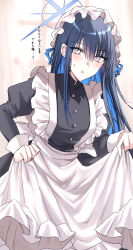 Rule 34 | 1girl, apron, black dress, black hair, blue archive, blue eyes, blue hair, blush, breasts, colored inner hair, dress, frills, halo, highres, kinona, large breasts, long hair, long sleeves, looking at viewer, maid headdress, multicolored hair, open mouth, saori (blue archive), solo, translation request, white apron