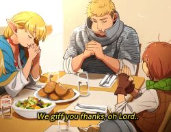 Rule 34 | 1girl, 2boys, blue capelet, bowl, bread, brown gloves, brown hair, brown vest, capelet, chilchuck tims, choker, commentary, cup, drinking glass, dungeon meshi, english commentary, fingerless gloves, food, gloves, highres, khyle., laios touden, marcille donato, multiple boys, own hands together, praying, red choker, salad, shirt, vest, white shirt