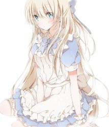 Rule 34 | 1girl, apron, arm support, blonde hair, blue bow, blue bowtie, blue dress, blue eyes, blush, bow, bowtie, closed mouth, dress, from side, hair bow, hiro (hirohiro31), kneehighs, long hair, looking at viewer, looking to the side, original, petticoat, puffy short sleeves, puffy sleeves, short sleeves, sitting, socks, solo, white background, wrist cuffs