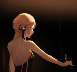 Rule 34 | 1girl, absurdres, alcohol, backless dress, backless outfit, bare shoulders, black background, black ribbon, blonde hair, cup, dark background, dress, drinking glass, from behind, from side, girls&#039; frontline, hair ornament, hair over shoulder, hair ribbon, highres, holding, long hair, looking at viewer, official alternate costume, ots-14 (girls&#039; frontline), ots-14 (sangria succulent) (girls&#039; frontline), painting (medium), red wine, ribbon, shoulder blades, sidelocks, solo, tararelux, traditional media, watercolor (medium), wine, wine glass, yellow eyes