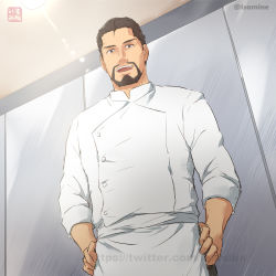 Rule 34 | 1boy, bara, beard, brown eyes, brown hair, chef, chef, commentary request, facial hair, hair slicked back, isekai shokudou, isomine, male focus, mature male, muscular, muscular male, mustache, open mouth, tenshu (isekai shokudou), short hair, smile, solo