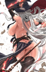 Rule 34 | 1girl, absurdres, ass, backboob, backless dress, backless outfit, belt, black dress, black gloves, black thighhighs, breasts, bridal gauntlets, butt crack, dress, elbow gloves, fingerless gloves, from behind, gajimaro, gloves, granblue fantasy, hand on headwear, hat, highres, huge breasts, long hair, magisa (granblue fantasy), panties, red panties, revealing clothes, side-tie panties, silver hair, sketch, solo, string panties, sweat, thighhighs, thighs, thong, underwear, very long hair, witch hat