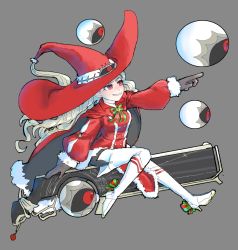 Rule 34 | alternate costume, blonde hair, boots, cape, dmai7fqaspht5e4, eitri (fire emblem), fire emblem, fire emblem heroes, gloves, gun, hat, high heels, highres, long sleeves, nintendo, ornament, pointing, prehensile hair, red eyes, ribbon, santa costume, sitting, smile, solo, thigh boots, thighhighs, weapon, witch hat