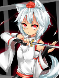 Rule 34 | 1girl, agetama, animal ears, armpits, bare shoulders, blush, breasts, detached sleeves, fingerless gloves, gloves, hat, inubashiri momiji, katana, looking at viewer, pom pom (clothes), red eyes, short hair, silver hair, small breasts, solo, sword, tail, tokin hat, touhou, weapon, wolf ears, wolf tail