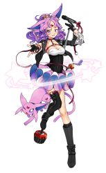 Rule 34 | 1girl, ;d, animal ears, asymmetrical clothes, black footwear, black gloves, black thighhighs, blue nails, boots, breasts, cleavage, collarbone, creatures (company), crown, dh (14537547), espeon, facial mark, forehead mark, full body, game freak, gen 2 pokemon, gloves, hair ornament, highres, long hair, looking at viewer, microphone, microphone stand, nail polish, nintendo, one eye closed, open mouth, personification, pink nails, pokemon, pokemon (creature), purple eyes, purple hair, single thighhigh, smile, star (symbol), thighhighs, transparent background
