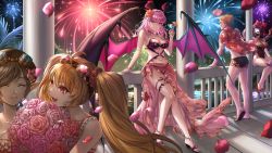 Rule 34 | 1boy, 4girls, aerial fireworks, ahoge, akashic chronicle, alice (akashic chronicle), bikini, blonde hair, box (hotpppink), breasts, brown hair, cleavage, closed mouth, clothing cutout, collarbone, demon girl, demon horns, demon wings, dress, elf, closed eyes, festival, fireworks, frilled swimsuit, frills, grey hair, hair ribbon, hanabi (akashic chronicle), horns, jewelry, large breasts, layla (akashic chronicle), lolita (akashic chronicle), long hair, medium breasts, multiple girls, multiple rings, navel cutout, ocean, palm leaf, petals, pink eyes, pink hair, pointy ears, ponytail, red eyes, red ribbon, ribbon, ring, see-through, see-through dress, sparkler, swimsuit, twintails, valir (akashic chronicle), very long hair, wings