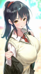 Rule 34 | 1girl, black hair, blurry, blurry background, blush, breasts, brown eyes, hair between eyes, hair ornament, hair scrunchie, highres, jacket, large breasts, long hair, long sleeves, looking at viewer, necktie, open clothes, open jacket, original, parted lips, ponytail, red necktie, school uniform, scrunchie, shirt, sidelocks, simple background, solo, sweater vest, vest, white shirt, yaegashi nan, yellow vest