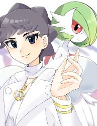 Rule 34 | 2girls, bare shoulders, black hair, blue eyes, blurry, blurry background, blush, bob cut, closed mouth, collarbone, colored skin, creatures (company), diantha (pokemon), elbow gloves, eyeshadow, female focus, flat chest, game freak, gardevoir, gen 3 pokemon, glint, gloves, green hair, hand up, happy, highres, jacket, jewelry, long sleeves, looking at viewer, makeup, mega gardevoir, mega pokemon, mega stone, multiple girls, necklace, nintendo, open clothes, open jacket, pokemon, pokemon (creature), pokemon xy, purple eyeshadow, red eyes, shirt, short hair, smile, split mouth, suzu (pixiv 32232702), swept bangs, white background, white gloves, white jacket, white shirt, white skin