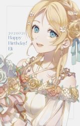 Rule 34 | 1girl, alternate hairstyle, artist name, artist request, ayase eli, bare shoulders, blonde hair, blue eyes, blush, bouquet, braid, breasts, cleavage, close-up, collarbone, criss-cross halter, cross-laced clothes, cross-laced dress, dress, earrings, female focus, flower, flower dress, flower print, frilled dress, frills, hair between eyes, hair bun, hair flower, hair ornament, halterneck, highres, holding, holding bouquet, jewelry, long hair, looking at viewer, love live!, love live! school idol festival all stars, love live! school idol project, medium breasts, parted lips, plaid, plaid dress, pleated, pleated dress, puffy short sleeves, puffy sleeves, see-through, see-through sleeves, short hair, short sleeves, side braid, side bun, single hair bun, sleeveless, sleeveless dress, smile, solo, upper body, white dress, white flower