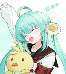 Rule 34 | 1girl, ahoge, aqua hair, armband, black sailor collar, blunt bangs, boller jiang, chromatic aberration, closed eyes, collarbone, dot nose, egg hair ornament, food-themed hair ornament, hair ornament, head tilt, highres, holding, holding stuffed toy, light blush, long hair, neckerchief, open mouth, original, raised eyebrows, red armband, red neckerchief, sailor collar, school uniform, shadow, sidelocks, simple background, sleeves past wrists, stretching, stuffed animal, stuffed duck, stuffed toy, sweater, tearing up, twintails, upper body, white background, white sweater, yawning, zzz