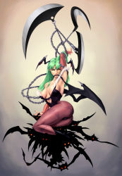 Rule 34 | 1girl, absurdres, alxndr-art, animal print, arm up, armpits, artist request, bat (animal), bat print, bat wings, blade, boots, bridal gauntlets, capcom, chain, demon girl, green hair, head wings, high heels, highres, lips, lipstick, looking at viewer, makeup, morrigan aensland, mouth hold, pantyhose, print pantyhose, shoes, sitting, solo, vampire (game), wings