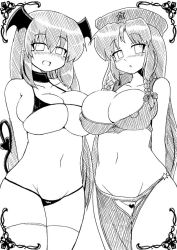 Rule 34 | 2girls, :o, asymmetrical docking, bat wings, bikini, braid, breast press, breasts, bursting breasts, censored, cleavage, crotchless, curvy, demon girl, demon tail, covered erect nipples, fat mons, female focus, greyscale, groin, hat, head wings, heart, hong meiling, huge breasts, koakuma, large breasts, long hair, looking at viewer, micro bikini, monochrome, multiple girls, no bra, no panties, novelty censor, okiraku nikku, open mouth, pointless censoring, pussy, revealing clothes, skindentation, demon girl, swimsuit, tail, embodiment of scarlet devil, touhou, twin braids, underboob, wings