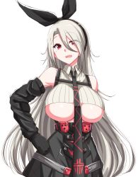 Rule 34 | 1girl, azur lane, bare shoulders, black gloves, black hairband, black necktie, black skirt, breasts, cowboy shot, elbow gloves, eyebrows, eyes visible through hair, facing viewer, garukichi, gloves, hairband, hand on own hip, headband, highres, huge breasts, long hair, long necktie, looking at viewer, mole, mole under eye, necktie, no bra, open mouth, pleated skirt, prinz heinrich (azur lane), red eyes, revealing clothes, ribbed sweater, ribbon, simple background, skirt, smile, solo, standing, sweater, underboob, very long hair, white background, white hair, wing collar