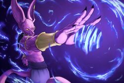 Rule 34 | 1boy, alien, arm behind back, armlet, bald, beerus, brace, colored skin, cowboy shot, derivative work, dragon ball, dragon ball super, earrings, egyptian clothes, energy ball, fingernails, foreshortening, furry, furry male, highres, jewelry, jujutsu kaisen, looking to the side, male focus, outstretched arm, powering up, purple skin, screenshot redraw, sharp fingernails, single earring, smile, smirk, solo, standing, sydoria, topless male