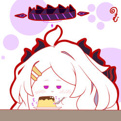 Rule 34 | ahoge, blue archive, blush, chibi, closed mouth, food, hair ornament, hairclip, halo, highres, hina (blue archive), holding, holding spoon, horns, kurukurumagical, motion lines, outline, parted bangs, pudding, purple eyes, red outline, simple background, single hair intake, smile, spoon, translation request, upper body, white background, white hair