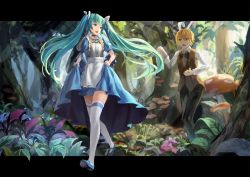 Rule 34 | 1boy, 1girl, alice in musicland (vocaloid), animal ears, apron, blonde hair, bow, bowtie, choker, dress, forest, green eyes, green hair, hatsune miku, kagamine len, letterboxed, long hair, long sleeves, mary janes, mushroom, nature, open mouth, outdoors, outside border, plant, pocket watch, puffy short sleeves, puffy sleeves, rabbit ears, shirt, shoes, short sleeves, shuang ye, skirt hold, thighhighs, tree, twintails, very long hair, vocaloid, waistcoat, walking, watch, white shirt, white thighhighs, wing collar, yellow eyes