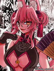 Rule 34 | 1girl, animal ear fluff, animal ears, bare shoulders, bell, black dress, black gloves, blush, breasts, center opening, china dress, chinese clothes, double bun, dress, fang, fate/grand order, fate (series), folding fan, fox ears, fox girl, fox tail, glasses, gloves, hair between eyes, hair bun, hand fan, highres, izumi minami, jingle bell, koyanskaya (chinese lostbelt outfit) (fate), koyanskaya (fate), large breasts, long hair, looking at viewer, open mouth, pink hair, sidelocks, sleeveless, sleeveless dress, smile, solo, tail, tamamo (fate), tassel, underboob, yellow eyes