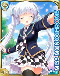 Rule 34 | 1girl, :o, blue eyes, blue jacket, blunt bangs, card, character name, checker pattern, cherry blossoms, closed eyes, day, girlfriend (kari), jacket, miss monochrome, miss monochrome (character), music, necktie, official art, open mouth, outdoors, qp:flapper, school uniform, shirt, singing, skirt, solo, tagme, thighhighs, twintails, white footwear, white hair, white shirt