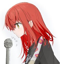 1girl black_shirt bocchi_the_rock! core_(mayomayo) english_text highres kita_ikuyo long_hair microphone open_mouth red_hair shirt simple_background solo t-shirt tagme white_background yellow_eyes