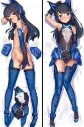 Rule 34 | 1girl, alice gear aegis, ass, black hair, blue eyes, blush, boots, breasts, cameltoe, cleft of venus, covering ass, covering privates, dakimakura (medium), elbow gloves, gloves, headgear, koashi mutsumi, leotard, long hair, looking at viewer, multiple views, nude, sasayuki, small breasts, smile, thigh boots, thigh gap