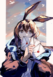 Rule 34 | 1girl, absurdres, amiya (arknights), animal ears, arknights, black jacket, blue collar, blue eyes, brown hair, clothes writing, collar, covered mouth, envelope, hair between eyes, hand up, highres, holding, holding envelope, jacket, jewelry, long hair, multiple rings, neck ring, open clothes, open jacket, rabbit ears, rabbit girl, ring, shion (1016 shio), shirt, sidelocks, solo, upper body, wax seal, white shirt