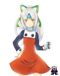 Rule 34 | 1girl, add (elsword), bad id, bad pixiv id, cosplay, elsword, eve (elsword), expressionless, forehead jewel, hand on own hip, highres, long hair, mega man (classic), mega man (series), nenguip, parody, ponytail, red skirt, roll (mega man), roll (mega man) (cosplay), skirt, solo, white background, white hair, yellow eyes