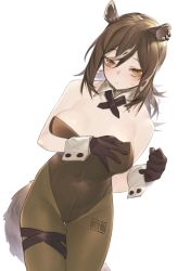 Rule 34 | 1girl, absurdres, animal ears, arknights, bare arms, bare shoulders, black gloves, breasts, brown eyes, brown hair, brown leotard, brown pantyhose, commentary request, covered navel, cowboy shot, detached collar, gloves, highres, kochiya (gothope), large breasts, leotard, long hair, looking at viewer, pantyhose, partial commentary, raccoon ears, raccoon tail, robin (arknights), simple background, solo, standing, strapless, strapless leotard, tail, thigh strap, white background, wrist cuffs