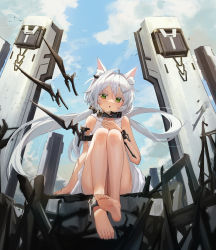 Rule 34 | 1girl, :o, absurdres, animal, animal ear fluff, animal ears, arknights, barefoot, bird, blue sky, cloud, cloudy sky, colored eyelashes, commentary request, day, dress, floating hair, green eyes, hair between eyes, highres, legs, long hair, looking at viewer, low twintails, outdoors, parted lips, rosmontis (arknights), rosmontis (become anew) (arknights), sky, sleeveless, sleeveless dress, soles, solo, suye, toes, twintails, very long hair, white dress, white hair