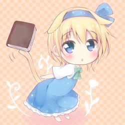 Rule 34 | 1girl, alice margatroid, alice margatroid (pc-98), amatsuki hotaru, animal ears, blonde hair, blue eyes, blush, book, cat ears, cat tail, checkered background, chibi, deformed, hair ribbon, holding, holding with tail, prehensile tail, ribbon, solo, tail, touhou, touhou (pc-98)