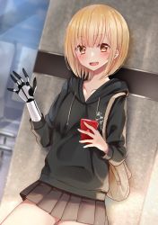Rule 34 | 1girl, :d, amputee, bat (animal), black hoodie, black skirt, blonde hair, blurry, blurry background, brown eyes, cellphone, collarbone, commentary request, drawstring, highres, hood, hood down, hoodie, looking at viewer, mechanical arms, open mouth, original, phone, piripun, pleated, pleated skirt, prosthesis, short hair, single mechanical arm, skirt, smile, solo, waving