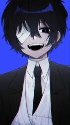 Rule 34 | 1boy, bandage on face, bandage over one eye, bandaged arm, bandages, black eyes, black hair, black jacket, black necktie, blue background, bungou stray dogs, cast, collared shirt, dazai osamu (bungou stray dogs), highres, jacket, looking at viewer, male focus, necktie, open mouth, rnoeru chan, shirt, short hair, simple background, smile, solo, teeth, upper body, white shirt