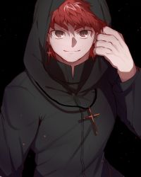 Rule 34 | 1boy, absurdres, alternate universe, black background, brown eyes, commentary request, creat (kuribeni), cross, cross earrings, cross necklace, earrings, emiya shirou, fate/stay night, fate (series), highres, hood, hood up, jewelry, kotomine shirou (fanfic), looking at viewer, male focus, necklace, red hair, simple background, smile, zipper