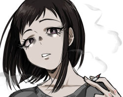 1girl ajin_(sakurai_gamon) between_fingers black_hair cigarette grey_shirt holding looking_at_viewer medium_hair mole mole_under_eye purple_eyes saki_(c_ybrbnby) shimomura_izumi shirt simple_background white_background