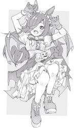 Rule 34 | 1girl, arms up, bat wings, blush, boots, bow, bowtie, center frills, claw pose, fang, frilled hairband, frills, full body, gloves, greyscale, hair over one eye, hairband, high-waist skirt, highres, horse tail, long hair, looking at viewer, monochrome, open mouth, petticoat, rice shower (make up vampire!) (umamusume), rice shower (umamusume), shirt, short sleeves, skin fang, skirt, smile, solo, tail, techi (siro-white 0803), umamusume, wings
