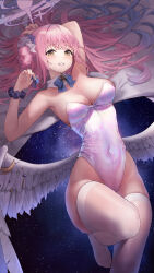 Rule 34 | 1girl, absurdres, angel wings, armpits, blue archive, blush, bow, bowtie, breasts, cleavage, covered navel, detached collar, feathered wings, flower, grin, hair bun, hair flower, hair ornament, halo, highres, large breasts, leotard, long hair, looking at viewer, low wings, mika (blue archive), pink hair, scrunchie, single side bun, smile, solo, strapless, strapless leotard, tem, thighhighs, very long hair, white thighhighs, white wings, wings, yellow eyes