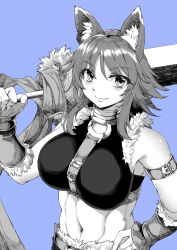 Rule 34 | 1girl, absurdres, animal ear fluff, animal ears, arm belt, bare shoulders, black shirt, blue background, breasts, chest belt, closed mouth, collar, commentary, cowboy shot, crop top, detached sleeves, fur-trimmed shorts, fur trim, hair between eyes, hand on own hip, hand up, highres, holding, holding sword, holding weapon, large breasts, long hair, looking at viewer, makoto (princess connect!), metal collar, midriff, monochrome, navel, over shoulder, princess connect!, shirt, short shorts, shorts, sidelocks, simple background, sleeveless, sleeveless shirt, smile, solo, standing, sword, takayuki hiyori, toned, weapon, weapon over shoulder, wolf ears, wolf girl