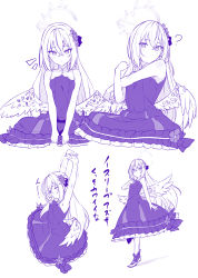 Rule 34 | 1girl, ?, angel wings, ataru (cha2batake), azusa (blue archive), blue archive, dress, flower, grey hair, hair between eyes, hair flower, hair ornament, halo, hand on own chest, highres, low wings, monochrome, multiple views, notice lines, on floor, purple theme, shoes, simple background, sitting, skirt, standing, stretching, white background, wings
