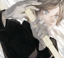 Rule 34 | 10s, 1boy, black jacket, blue eyes, brown hair, closed mouth, curry gohan, eyelashes, from side, gloves, holding, holding weapon, jacket, long sleeves, looking at viewer, looking away, male focus, ouji kazuaki, signature, smile, solo, upper body, weapon, white gloves, world trigger