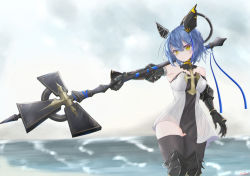 Rule 34 | 1girl, azur lane, black dress, black footwear, black pantyhose, black thighhighs, blue hair, boots, cross, dress, gascogne (azur lane), gauntlets, halo, headgear, highres, holding, holding polearm, holding spear, holding weapon, itty62, knee boots, mechanical halo, medium hair, outstretched arm, pantyhose, polearm, solo, spear, thighhighs, thighs, two-tone dress, weapon, white dress, yellow eyes