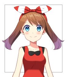 Rule 34 | 1girl, bad id, bad pixiv id, blue eyes, blush, breasts, brown hair, collarbone, creatures (company), game freak, hair ribbon, hairband, highres, long hair, looking at viewer, may (pokemon), may (pokemon oras), medium breasts, nintendo, pokemon, pokemon oras, red hairband, red shirt, ribbon, shirt, simple background, sleeveless, sleeveless shirt, smile, solo, striped ribbon, twintails, upper body, white background, yuihico