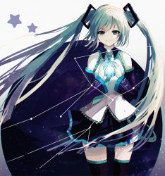 Rule 34 | 1girl, bad id, bad pixiv id, black skirt, black thighhighs, blue hair, blue necktie, brown eyes, cowboy shot, detached sleeves, floating hair, frilled shirt, frills, green night, hatsune miku, highres, holding, long hair, looking at viewer, miniskirt, necktie, pleated skirt, shirt, skirt, sleeveless, sleeveless shirt, smile, solo, standing, swept bangs, thighhighs, twintails, very long hair, vocaloid, white shirt, zettai ryouiki
