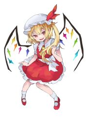 Rule 34 | 1girl, :d, ascot, bare arms, bare legs, blonde hair, bobby socks, crystal, fang, flandre scarlet, frilled shirt collar, frills, full body, hat, hat ribbon, highres, knees together feet apart, long hair, looking at viewer, mary janes, mob cap, one side up, open mouth, puffy short sleeves, puffy sleeves, red eyes, red ribbon, red skirt, red vest, ribbon, rogichange, shoes, short hair with long locks, short sleeves, simple background, skin fang, skirt, skirt set, smile, socks, solo, touhou, very long hair, vest, white background, wings, yellow ascot