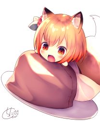 Rule 34 | 1girl, :d, animal ear fluff, animal ears, blush, brown hair, check commentary, chibi, chita (ketchup), commentary request, dutch angle, fangs, fox ears, fox girl, fox tail, hair between eyes, highres, japanese clothes, kimono, open mouth, original, pillow, red eyes, short eyebrows, short hair, signature, smile, solo, tail, tail raised, thick eyebrows, white background, white kimono
