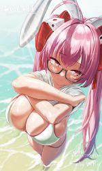 Rule 34 | 1girl, ahoge, bikini, black-framed eyewear, blush, bow, breasts, cleavage, closed mouth, clothes lift, commission, deka (deka 4242), di gi charat, dice hair ornament, embarrassed, foreshortening, from above, glasses, hair bow, hair ornament, highres, huge breasts, light rays, long hair, looking away, looking to the side, partially submerged, pink eyes, pink hair, red bow, semi-rimless eyewear, shirt, shirt lift, short sleeves, signature, skeb commission, skindentation, solo, swimsuit, t-shirt, thighs, twintails, usada hikaru, wading, water, wet, wet clothes, wet shirt, white bikini, white shirt