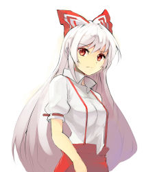Rule 34 | bow, clear echoes, fujiwara no mokou, hair bow, highres, long hair, looking at viewer, red eyes, shirt, short sleeves, silver hair, simple background, solo, suspenders, touhou, very long hair, white background
