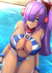 Rule 34 | 1girl, android, artist name, bikini, blunt bangs, blush, breasts, cleavage, dark-skinned female, dark skin, female focus, gluteal fold, green eyes, hair over one eye, highres, joints, large breasts, layer (mega man), lips, long hair, looking at viewer, mega man (series), mega man x (series), mega man x dive, navel, o-ring, o-ring bikini, parted lips, purple hair, robarts hallway, robot ears, robot joints, smile, solo, stomach, swimsuit, water, wet