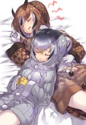 Rule 34 | 2girls, black hair, blonde hair, brown coat, brown hair, buttons, coat, commentary request, eurasian eagle owl (kemono friends), closed eyes, fur collar, gloves, grey hair, highres, kemono friends, multicolored hair, multiple girls, northern white-faced owl (kemono friends), own hands clasped, own hands together, pantyhose, short hair, sleeping, sleeping on person, tadano magu, white coat, white gloves, white hair, white legwear, winter clothes, winter coat, yellow gloves