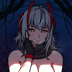 Rule 34 | 1girl, akairiot, ambience synesthesia, antenna hair, antennae, arknights, black scarf, breasts, chain-link fence, cleavage, demon girl, demon horns, detonator, fence, fingerless gloves, gloves, grey hair, grey scarf, horns, large breasts, looking at viewer, orange eyes, paid reward available, red nails, scarf, short hair, smile, solo, w (arknights)